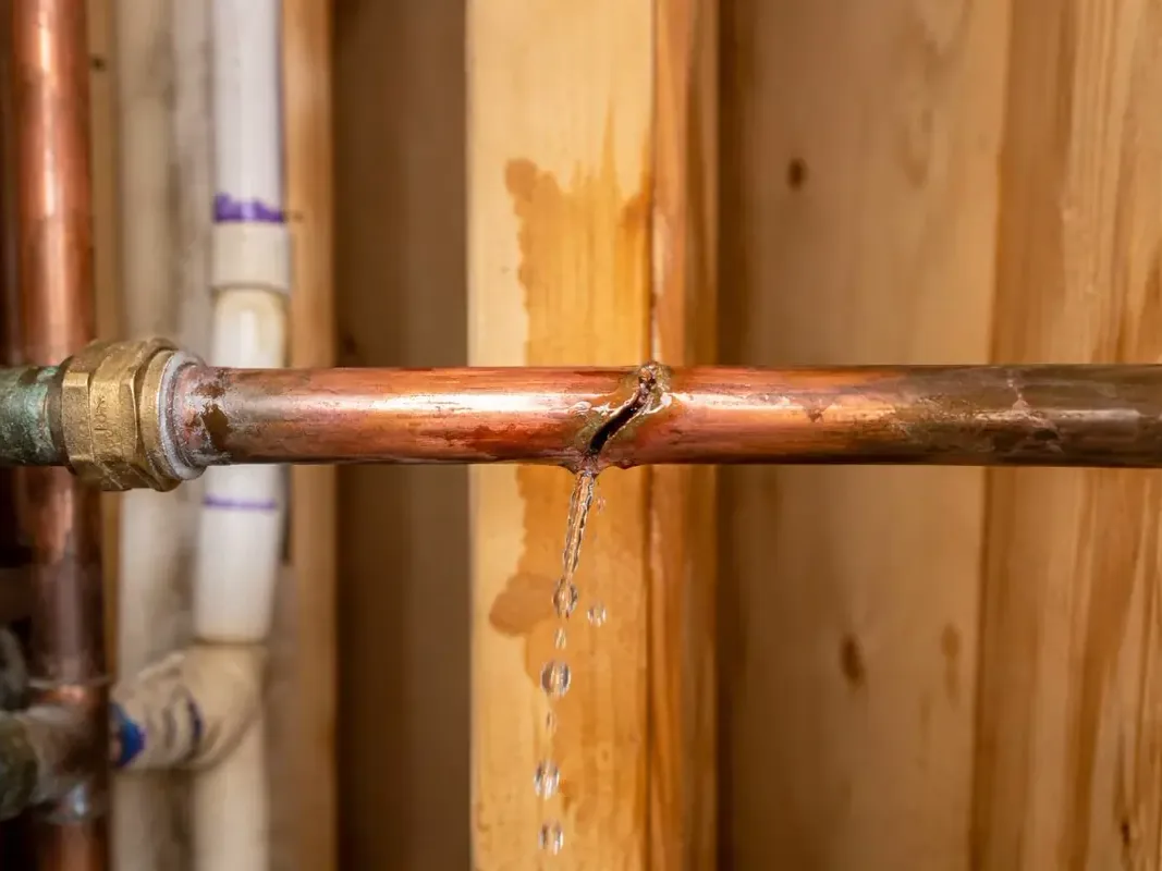 Split copper water pipe dripping inside an open stud wall, leak detection